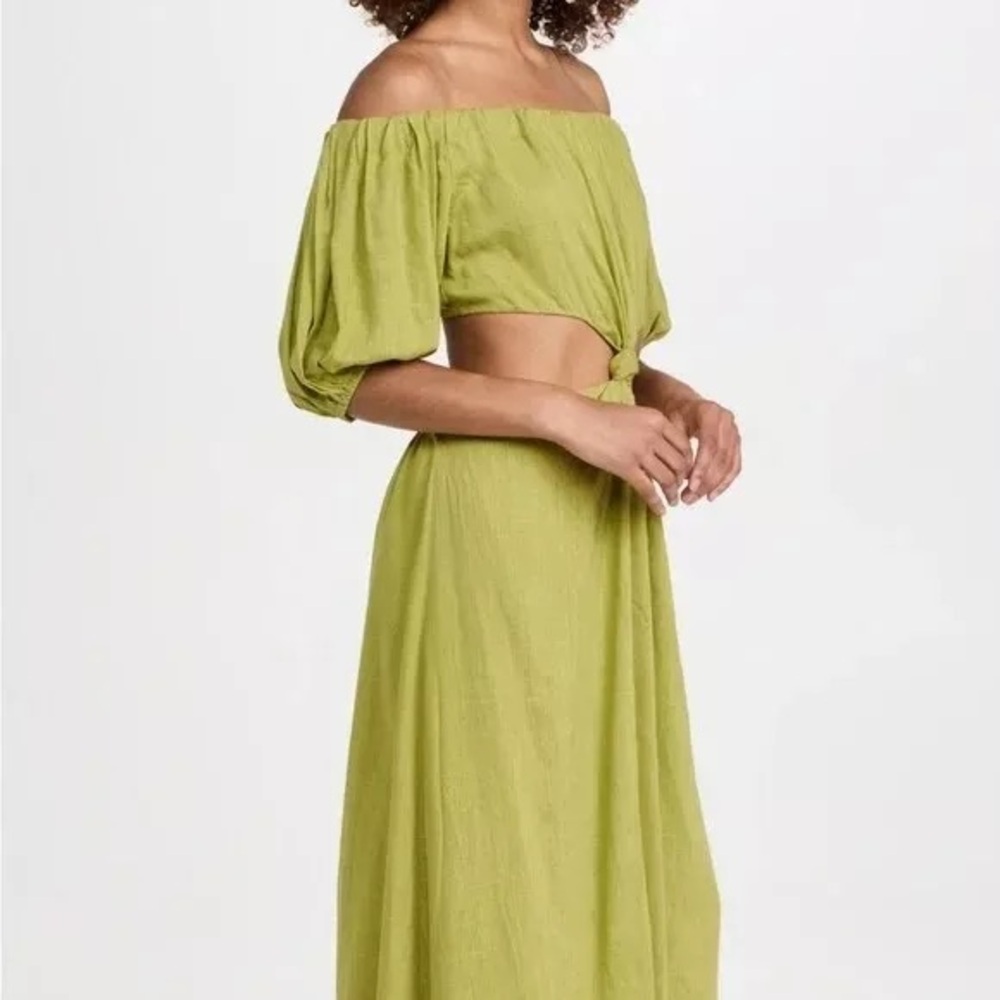 Moon River Off Shoulder Dress- Linen Blend Gauzy Cutout Green Medium